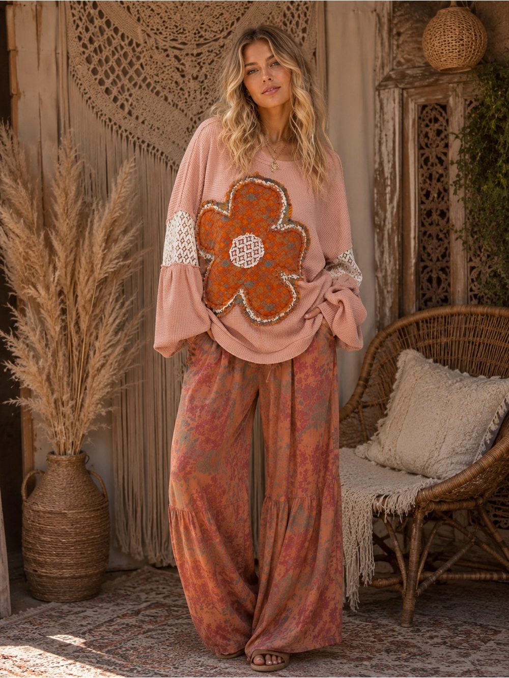 BlueVelvet Floral Patchwork soft pink waffle Knit top long sleeve Orange Floral